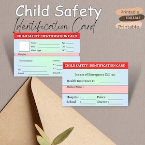 Carte d'identité modifiable pour la sécurité des enfants l Contact important en cas d'urgence l Étiquette de sac à dos l ID de sécurité pour les enfants l pdf imprimable .