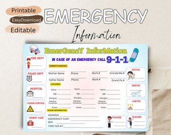 Emergency Information Sheet | Emergency Contact Information | Emergency Contact Form | In Case Of Emergency. size 11 x 8.5