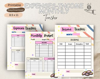 May include: Printable 8.5 x 11 inch expense and income tracker. The design features three sheets with headings like "Expenses Tracker", "Monthly Budget", and "Income Tracker". Each sheet has sections for dates, items, and amounts, with a pastel color scheme.