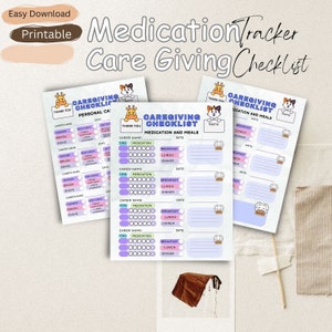 Pode incluir: Três listas de verificação de cuidados imprimíveis com o texto "Medication Tracker Care Giving Checklist". As listas de verificação têm seções para cuidados pessoais, medicamentos e refeições, com espaço para datas e notas. O design inclui ilustrações de animais de desenho animado.