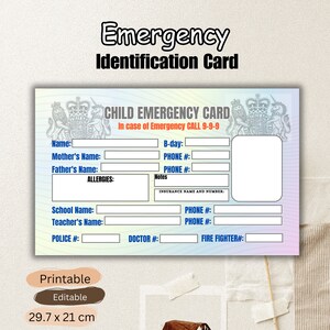 Carte d'identité modifiable pour la sécurité des enfants l Contact important en cas d'urgence l Étiquette de sac à dos l ID de sécurité pour les enfants l pdf imprimable . 3,37 x 2,13