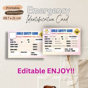 Carte d'identité modifiable pour la sécurité des enfants l Contact important en cas d'urgence l Étiquette de sac à dos l ID de sécurité pour les enfants l pdf imprimable .