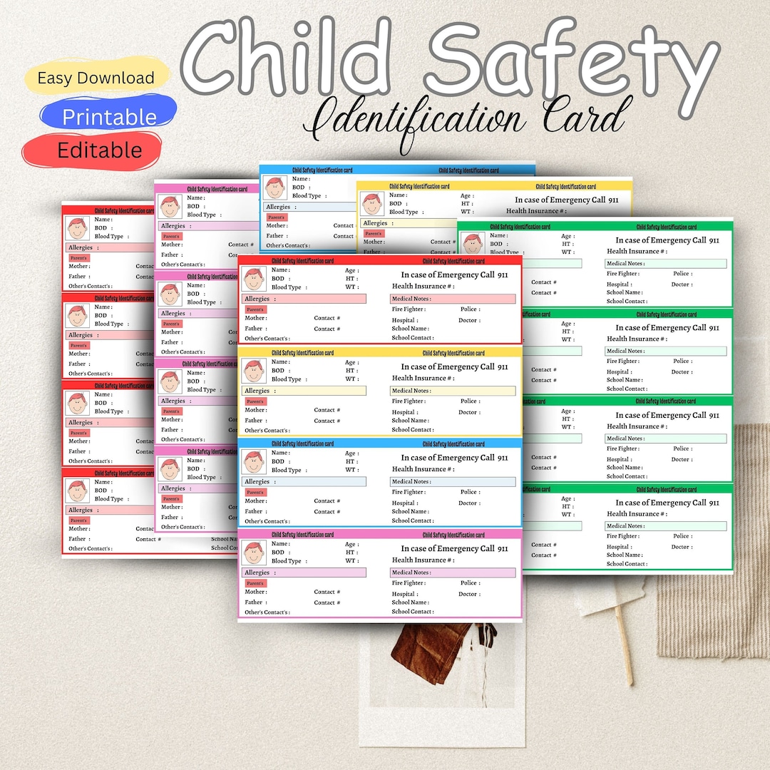 Editable Child Safety Identification Card L Important Contact for