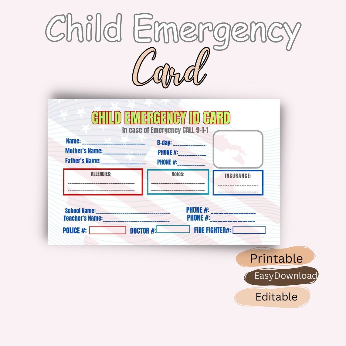 Editable Child Emergency Identification Card L “perfect for Parents ...
