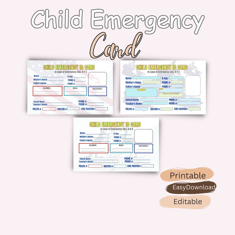 Editable Child Emergency Identification Card L Important Contact for