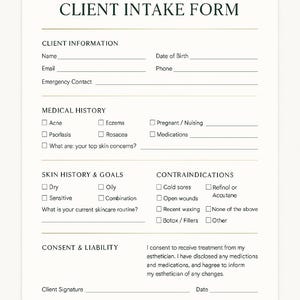 Peut inclure: Un formulaire de prise en charge client imprimé, avec des sections pour les informations du client, les antécédents médicaux, l'histoire de la peau et les contre-indications. Le formulaire comprend des cases à cocher et des lignes pour les réponses écrites.