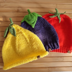 Vegetable hat, Vegetable knit hat, Aubergine hat, Lemon hat, Tomato hat, Veggies knitted hat, baby vegetable hat, adult vegetable hat.