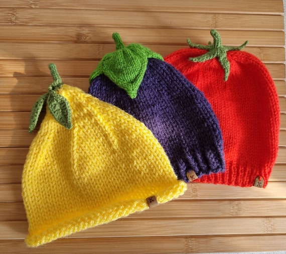 Vegetable Hat, Vegetable Knit Hat, Aubergine Hat, Lemon Hat