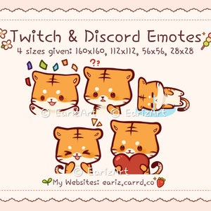 Op de afbeelding: Vier oranje en witte cartoon-tijgeremojis met verschillende uitdrukkingen. De emojis zijn in verschillende poses, waaronder een met confetti, een met een hart, een met een verwarde uitdrukking en een die huilt. De tekst "Twitch & Discord Emotes" staat bovenaan de afbeelding. De tekst "4 maten gegeven: 160x160, 112x112, 56x56, 28x28" staat onder de titel. De tekst "EarizArt" staat onderaan de afbeelding.