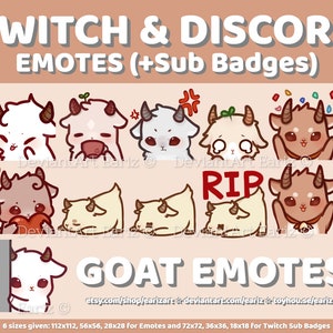 May include: A set of 10 goat emotes in various poses and expressions, including a goat with a heart, a goat with a plant, a goat with a tear, a goat with a party hat, a goat with a RIP sign, and a goat peeking from behind a wall. The emotes are designed in a cartoon style with soft colours and rounded features. The text "GOAT EMOTES" is displayed at the bottom of the image.