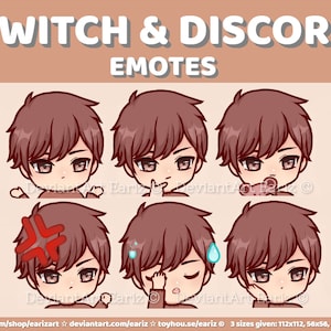 Twitch | Discord Emotes Pack (6) | Cute Brown Hair Chibi Boy