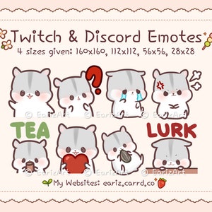 Twitch | Discord Emotes Pack (8) | Cute Grey Hamster Emotes