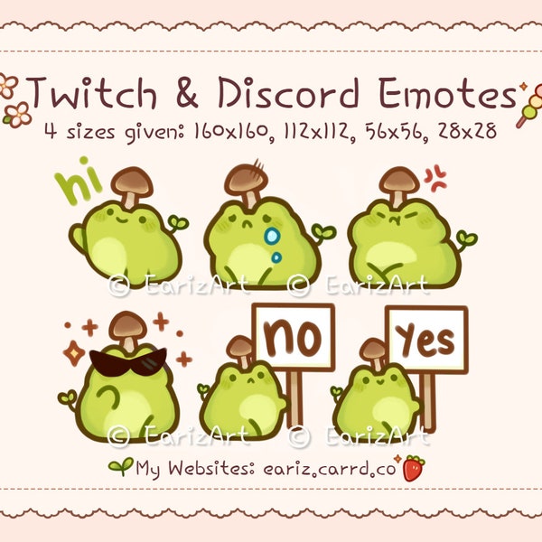 Twitch Emotes | Discord Emotes Pack (6) | Cute Green Mushroom Frog Emotes