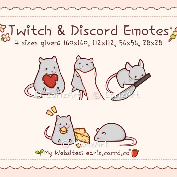 Twitch | Discord Emotes Pack (5) | Cute Grey Rat Mice Mouse Emotes