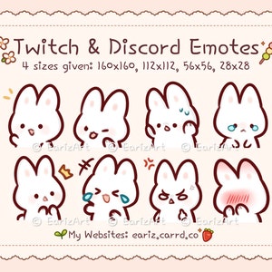 May include: A set of eight white bunny emoticons with different expressions, including blushing, crying, angry, and surprised. The emoticons are in a cartoon style and are perfect for use on Twitch and Discord. The text "Twitch & Discord Emotes" and "4 sizes given: 160x160, 112x112, 56x56, 28x28" is also included in the image.