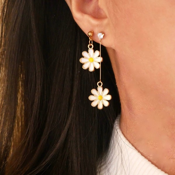 dainty daisy earrings, dangling white daisy earrings, white flower earrings, small tiny white daisy earrings, cute flower earrings gift pair