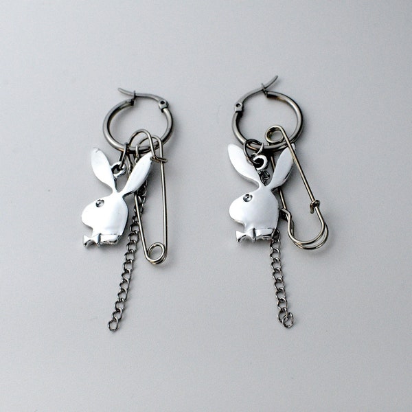 safety pin playboy bunny earrings / play boy bunny earrings / safety pin earrings / silver alt earrings /chain earrings/alternative earrings