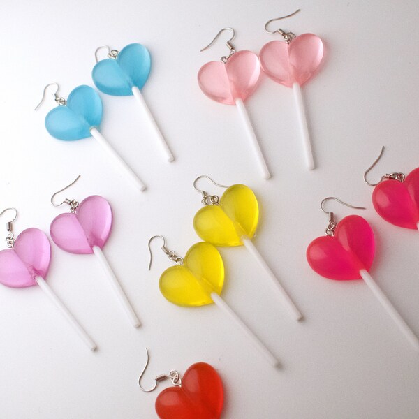 heart lollipop earrings, colorful lollipop earrings, cute kawaii candy earrings, dangling lollipop earrings, heart candy earrings gift