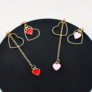 asymmetrical dangling heart earrings / dainty heart dangle earrings / dangling pink heart earrings / dangling red heart earrings / hearts