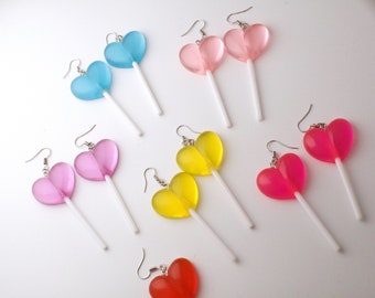 heart lollipop earrings, colorful lollipop earrings, cute kawaii candy earrings, dangling lollipop earrings, heart candy earrings gift