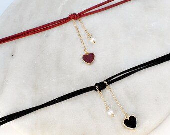 suede heart dangle choker / red suede heart choker / black suede heart choker / red velvet choker / black velvet heart choker / heart charm