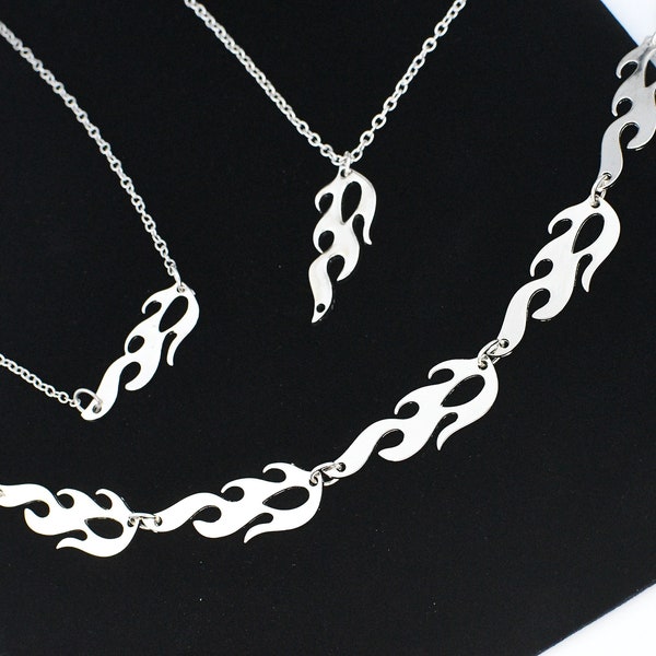 flame necklaces / silver flame pendant / silver flame choker / silver flame necklace / dainty flame necklace / fire necklace / flame set