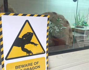 Beware of The Dragon Large Warning Signs Funny Terrarium Vivarium Laminated, Bearded Dragon, Reptile, Exotic Pets