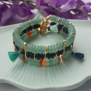 Multi-row bracelet in soft colored pearls, aventurine green, gold, black, women's jewelry image 1