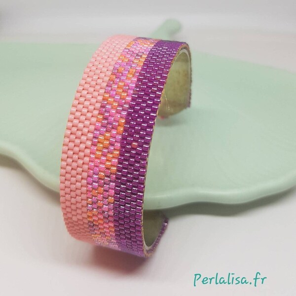 Bracelet manchette, bracelet en perles tissées, manchette rose et mauve, bracelet miyuki, bijou pour l'été