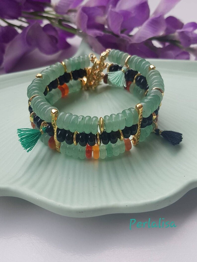 Multi-row bracelet in soft colored pearls, aventurine green, gold, black, women's jewelry image 1