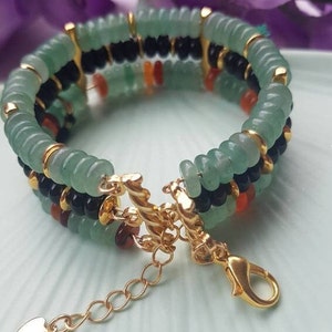 Multi-row bracelet in soft colored pearls, aventurine green, gold, black, women's jewelry image 5