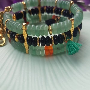 Multi-row bracelet in soft colored pearls, aventurine green, gold, black, women's jewelry image 3