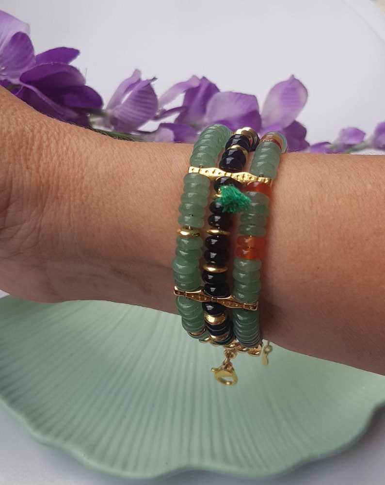 Multi-row bracelet in soft colored pearls, aventurine green, gold, black, women's jewelry image 4