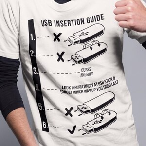 Peut inclure: Un t-shirt blanc à manches courtes avec un graphique noir intitulé USB INSERTION GUIDE. Le motif illustre six étapes pour insérer une clé USB, incluant des orientations incorrectes, l'instruction de jurer et une orientation finale correcte.