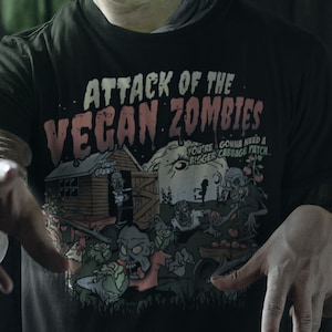 Attack of the Vegan Zombies Funny Comic Halloween T-Shirt for Vegans, Vegetarians