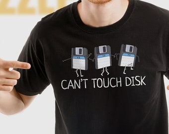 Camiseta divertida retro para nerds de la informática con el mensaje "No puedo tocar el disco", estilo años 90.
