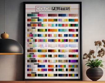 May include: A framed "Color Palettes" poster displays a grid of color swatches. The poster is on a wooden cabinet with black vases and a decorative plant. A black pendant light hangs above the cabinet. The text "Frame not included" is at the bottom.