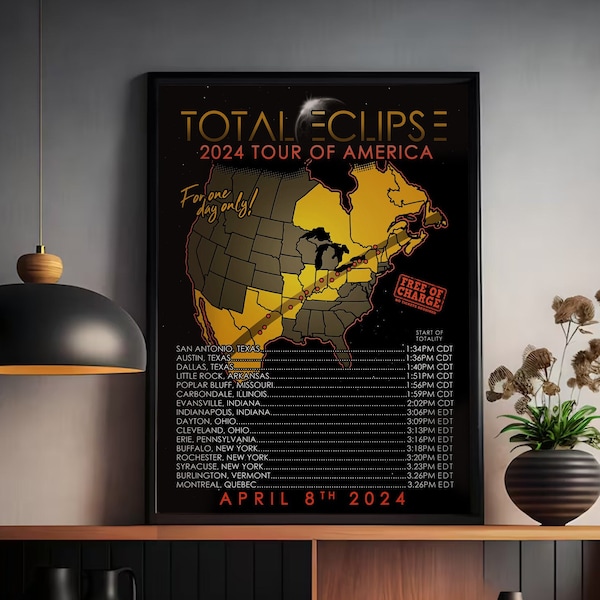 Total Solar Eclipse 8 de abril de 2024 Tour of America Póster Arte de pared