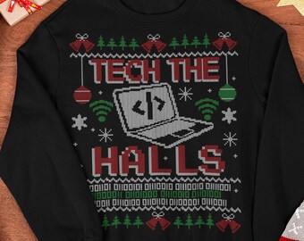 Tech the Halls Lustiges Weihnachts-Sweatshirt: Strickoptik, IT-Support