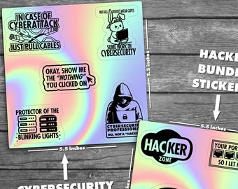 Paquete de pegatinas holográficas "Hacker vs. Ciberseguridad" para profesionales de TI y seguridad de la información.