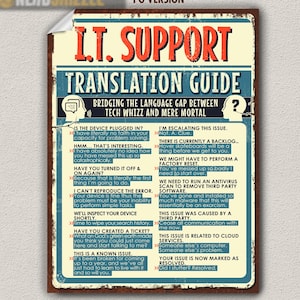 May include: A vintage-style metal sign, featuring the text "I.T. SUPPORT TRANSLATION GUIDE". The sign humorously translates tech support phrases. The design includes a distressed finish and a retro aesthetic.