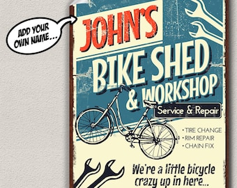 Póster de taller de cobertizo para bicicletas, regalo, arte mural, personalizado, con nombre, para amantes de las bicicletas.