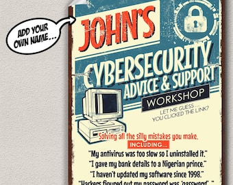 Pôster personalizado de cibersegurança | Impressão divertida e retrô com dicas de suporte em segurança da informação | Presente personalizado para CISO