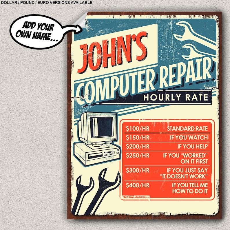 Computer Repair Hourly Rate Funny Poster Wall Art Gift for IT Tech ...