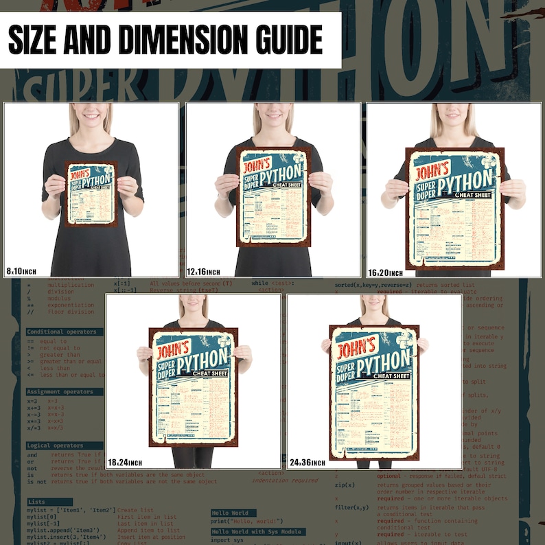 以下が含まれることがあります： 女性が「John's Super Python Cheat Sheet」と書かれたヴィンテージスタイルのポスターを持っています。 ポスターは、青と赤の色使いで、使い古された外観をしています。 ポスターのサイズは、20.57 cm、30.89 cm、41.15 cm、46.33 cm、61.88 cmです。
