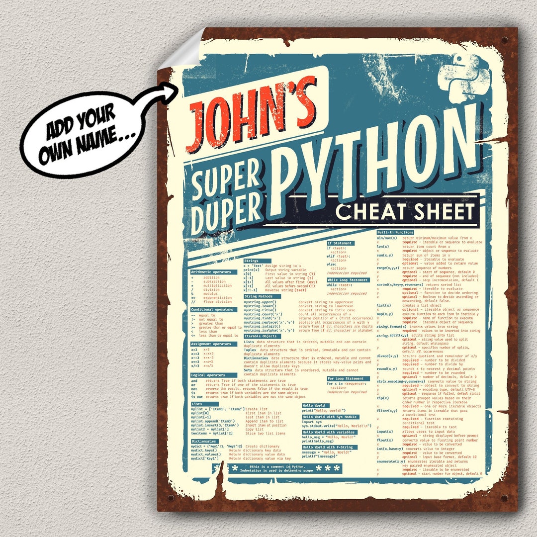 Python Cheat Sheet Poster Python Wall Art Customized - Etsy UK