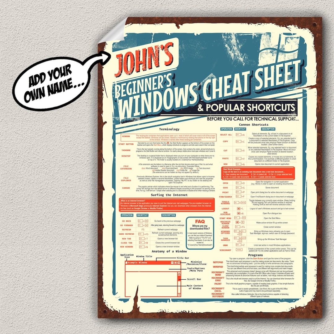 Windows Cheat Sheet Windows Shortcuts Poster Print for Technophobes and ...