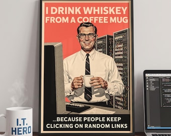 Ingénieur réseau, cybersécurité, café, affiche vintage