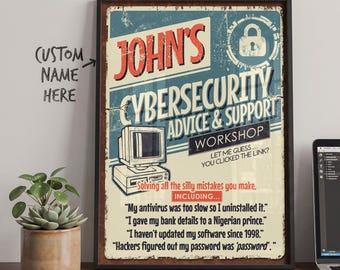 Affiche personnalisée sur la cybersécurité | Conseils humoristiques et rétro en matière de sécurité informatique | Cadeau personnalisé pour RSSI