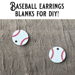May include: Two baseball earring blanks for DIY projects. Each blank is a small, round, white disc with red stitching details, resembling a baseball. The text "BASEBALL EARRINGS BLANKS FOR DIY!" is at the top.